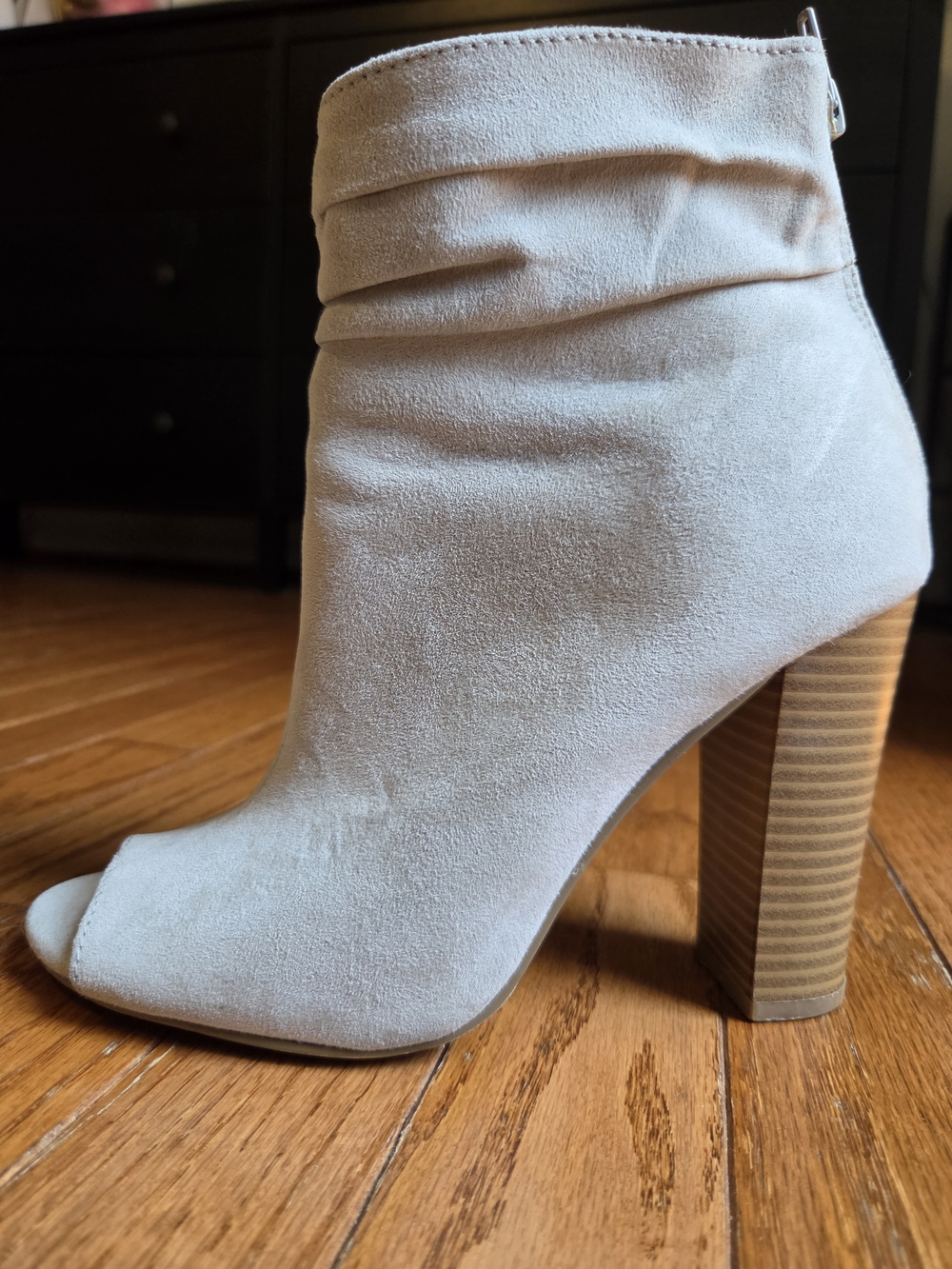 Express Light Beige Suede Peep-Toe Ankle Bootie